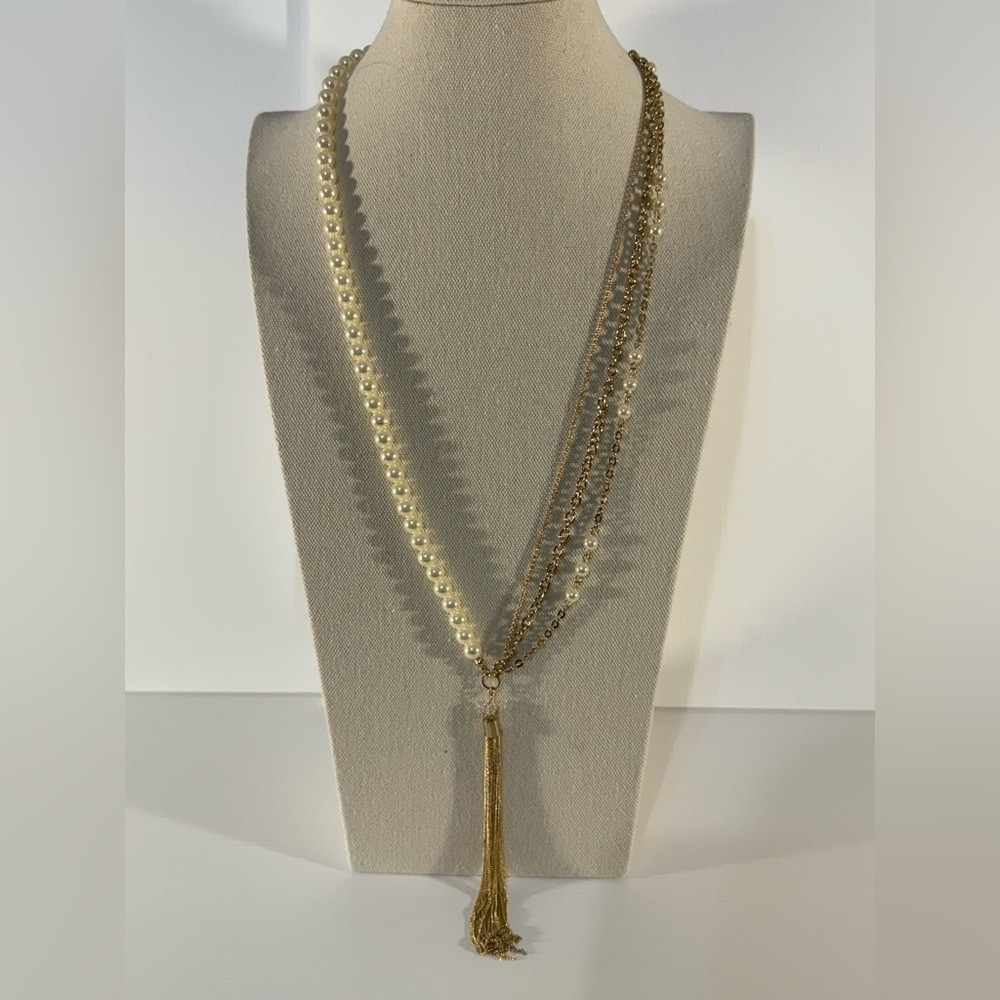 Express Gold-Tone Multi-Strand Faux Pearl & Chain Necklace with Tassel Pendant